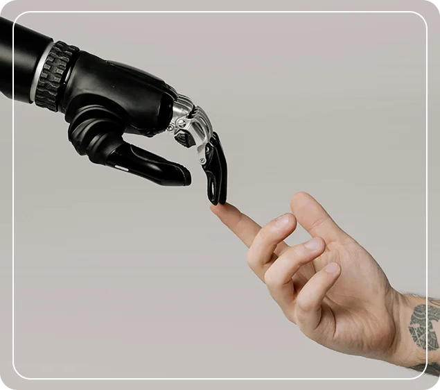 A robot touching another hand with one finger.