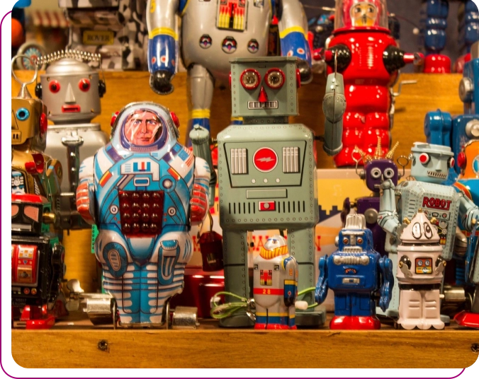 A bunch of toy robots are on display